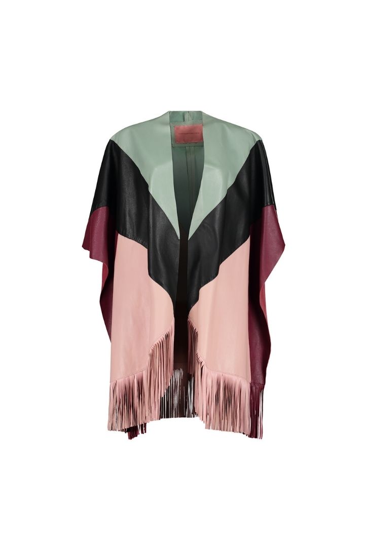 PRE ORDER ONLY – Expect your piece to be shipped up to 20 working days after placing your order 
Color-block leather cape with fringes
Composition: lambskin leather
Care Instructions: Leather specialized dry cleaning
Fit: Over-sized style
Color: Mint green/wine/black/salmon
Model is wearing a one size fits all garment
Size Chart
*DUE TO MONITOR DIFFERENCES, COLOR MAY VARY SLIGHTLY FROM WHAT APPEARS ONLINE*