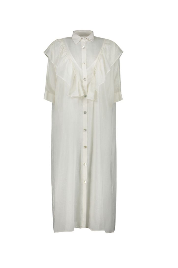 WHITE  DRESS WITH RUFFLES AND BUTTON FRONT
Composition: cotton -lame / lining rayon
Care Instructions: Dry clean only.
Fit: Designed for a loose fit
Color: off white
Comes with a separate slip dress as lining 
*** THIS IS A LIMITED EDITON ITEM , NO RESTOCK ***
Size Chart
