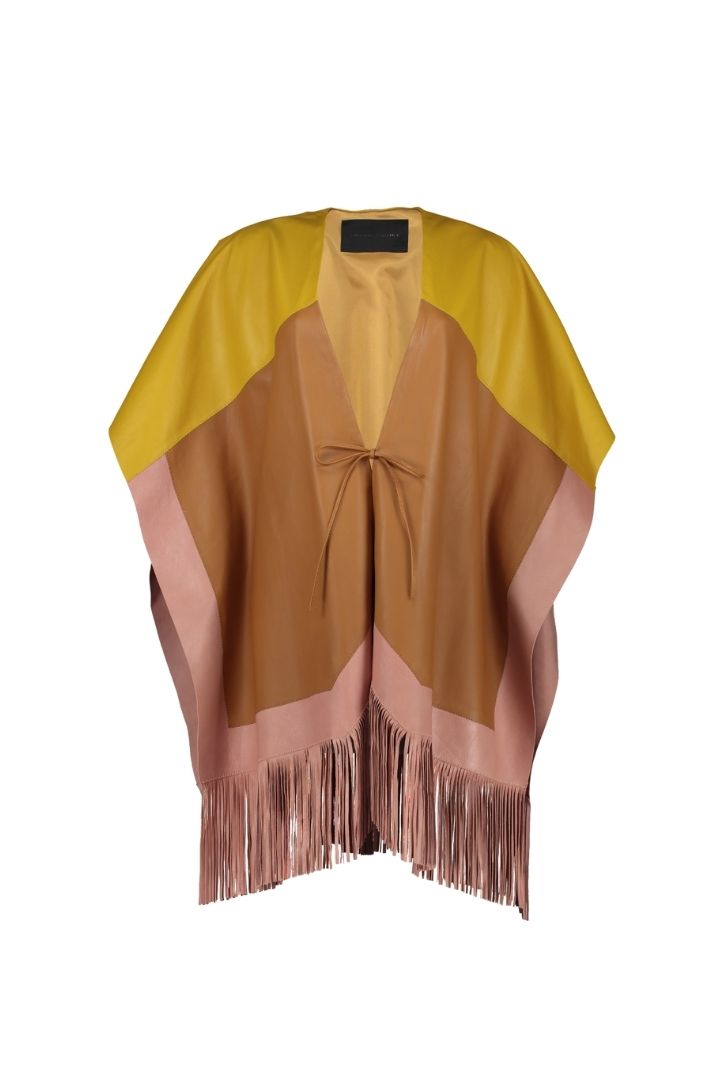 PRE ORDER ONLY – Expect your piece to be shipped up to 20 working days after placing your order.










 COLOR-BLOCK LEATHER CAPE WITH FRINGES










Composition: 100% lambskin leather / lining 100% polyester













Care Instructions: Leather specialized cleaning

Fit:  Designed to fit all sizes

Color: maple/pink/yellow

Size Chart

*ACTUAL COLOR MAY VARY SLIGHTLY FROM WHAT APPEARS ONLINE*

 