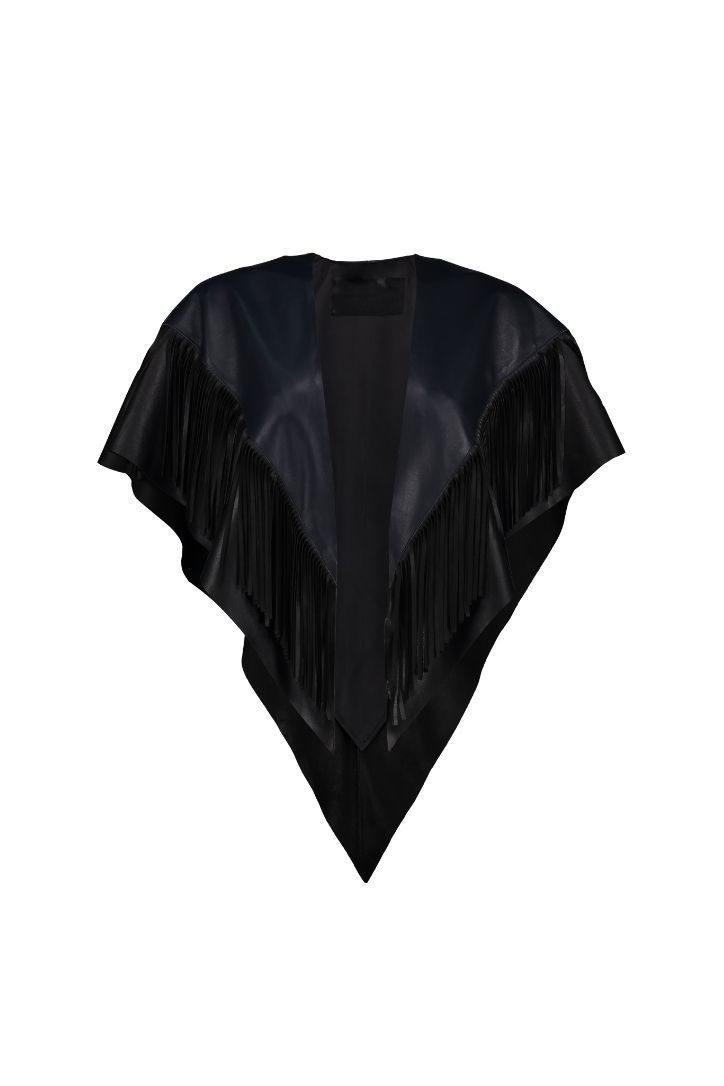 PRE ORDER ONLY – Expect your piece to be shipped up to 20 working days after placing your order.














SHORT COLOR-BLOCK LEATHER CAPE WITH FRINGES














Composition: 100% lambskin leather / lining 100% polyester

Care Instructions: Leather specialized cleaning













Fit:  Designed to fit all sizes

Color Variations: red/maple - black/ midnight blue

Size Chart

*ACTUAL COLOR MAY VARY SLIGHTLY FROM WHAT APPEARS ONLINE*
