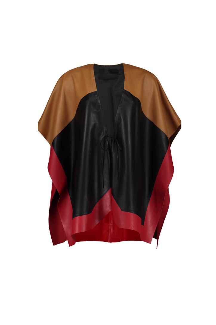 PRE ORDER ONLY – Expect your piece to be shipped up to 20 working days after placing your order.










 COLOR-BLOCK LEATHER CAPE










Composition: 100% lambskin leather / lining 100% polyester













Care Instructions: Leather specialized cleaning

Fit:  Designed to fit all sizes

Color: maple/black/red

Size Chart

*ACTUAL COLOR MAY VARY SLIGHTLY FROM WHAT APPEARS ONLINE*

 
