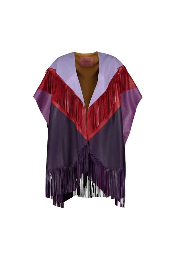 PRE ORDER ONLY – Expect your piece to be shipped up to 20 working days after placing your order.
 COLOR-BLOCK LEATHER CAPE WITH FRINGES
Model is wearing a One size fits all garment
Composition:  100% lambskin leather / lining 100% polyester
Care Instructions: Leather specialized cleaning
Fit: Designed to fit all sizes
Color: 3 tones of purple & red
Size Chart
*DUE TO MONITOR DIFFERENCES, ACTUAL COLOR MAY VARY SLIGHTLY FROM WHAT APPEARS ONLINE*