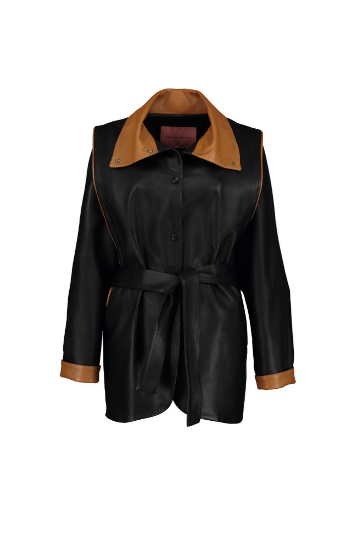 PRE ORDER ONLY – Expect your piece to be shipped up to 20 working days after placing your order ( RED/HONEY).

BLACK CAROL READY TO SHIP

LEATHER JACKET WITH REMOVABLE BELT

Composition: 100% lambskin leather / lining 100% polyester

Care Instructions: Leather specialized cleaning

Fit: Loose-fitted style

Color: black-honey / honey-salmon/  red-honey

Model is wearing a one size fits all garment

Size Chart

*DUE TO MONITOR DIFFERENCES, COLOR MAY VARY SLIGHTLY FROM WHAT
APPEARS ONLINE*

 