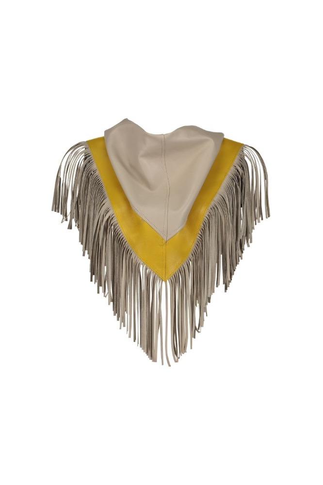 LEATHER BANDANNA WITH FRINGES
Composition: 100% lambskin leather no lining
Care Instructions: Leather specialized cleaning
Fit: Designed to fit all sizes
Color Variations: ivory/yellow
Size Chart
Model is wearing size OS,  she is 1.68 m
*ACTUAL COLOR MAY VARY SLIGHTLY FROM WHAT APPEARS ONLINE*

Before placing your order don´t forget to check our shipping and return policies.
Check them out!