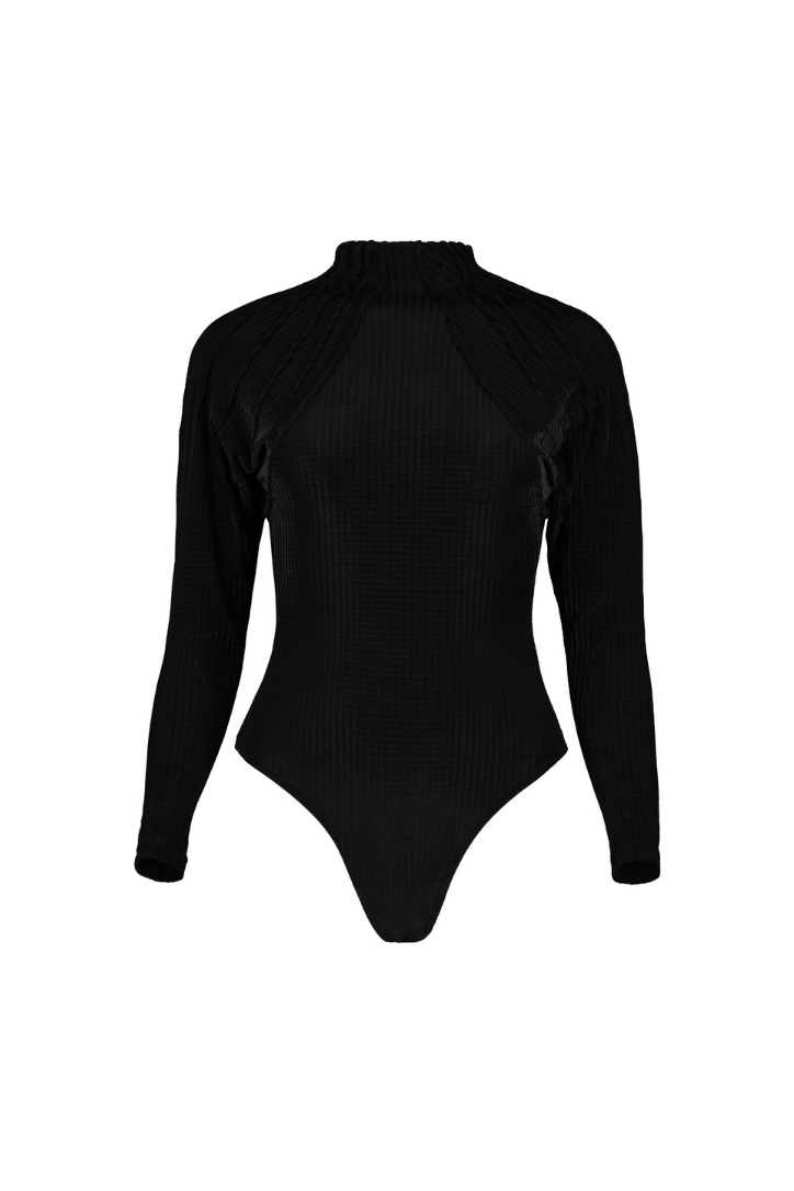 VELVET TURTLENECK BODYSUIT  WITH PINTUCKS AND OPEN BACK
Composition: Texturized velvet (80% NYLON- 20% SPANDEX)
Care Instructions: Machine wash in cold water with similar colors on gentle cycle, do not soak for too long
Fit: Slim fit
Color: Black
Size Chart
*** THIS IS A LIMITED EDITION ITEM , NO RESTOCK ***