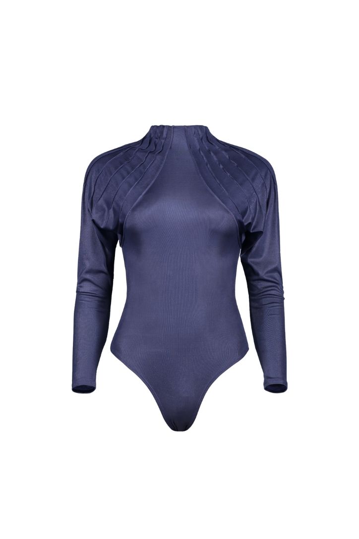 TURTLENECK BODYSUIT  WITH PINTUCKS AND OPEN BACK
Composition: 80% Nylon- 20% Spandex
Care Instructions: Machine wash in cold water with similar colors on gentle cycle, do not soak for too long
Fit: Slim fit
Color:  purple/blue
Size Chart
*DUE TO MONITOR DIFFERENCES, ACTUAL COLOR MAY VARY SLIGHTLY FROM WHAT APPEARS ONLINE*
*** THIS IS A LIMITED EDITION ITEM , NO RESTOCK ***