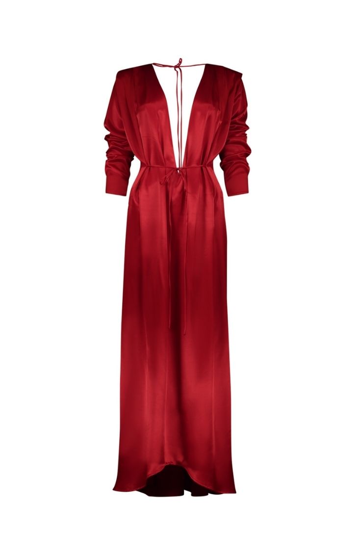 LONG SLEEVE, OPEN BACK DRESS
Model is wearing a One size fits all garment
Composition: 100% rayon
Care Instructions: Dry clean only
Fit: Designed to be loose fit
Color: Red
Size Chart
 