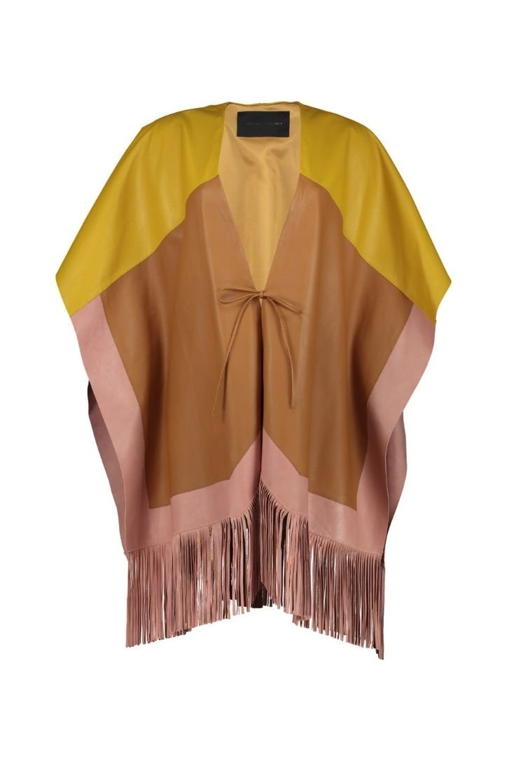 PRE ORDER ONLY – Expect your piece to be shipped up to 20 working days after placing your order.

 COLOR-BLOCK LEATHER CAPE WITH FRINGES

Composition: 100% lambskin leather / lining 100% polyester

Care Instructions: Leather specialized cleaning

Fit:  Designed to fit all sizes

Color: maple/pink/yellow

Size Chart

*ACTUAL COLOR MAY VARY SLIGHTLY FROM WHAT APPEARS ONLINE*