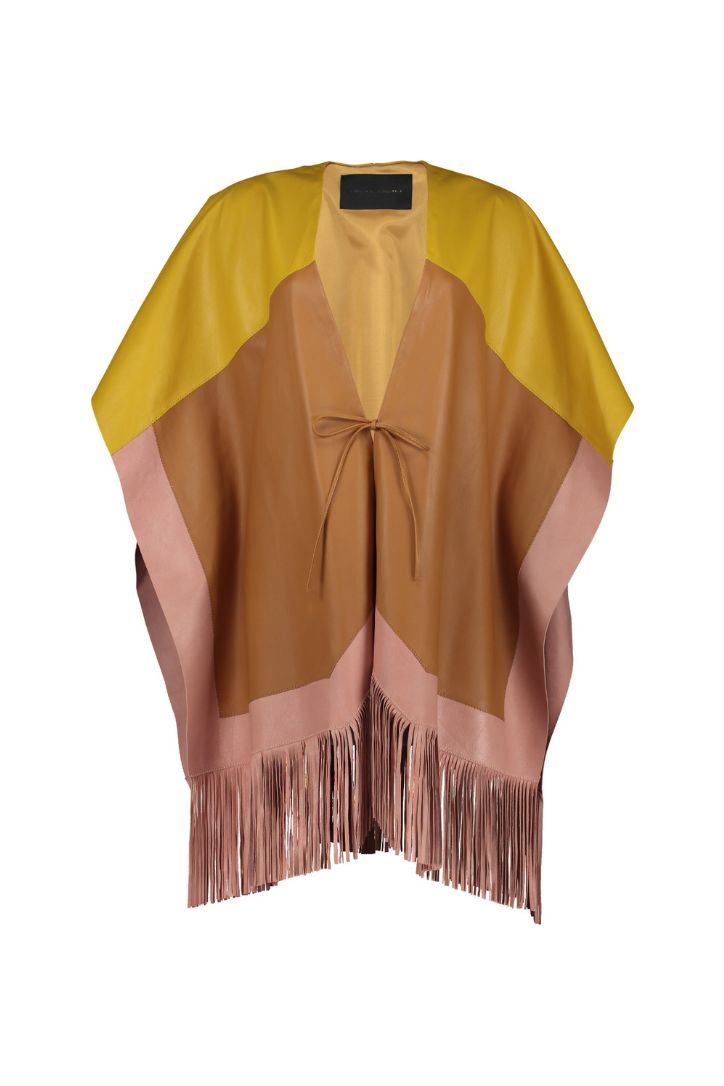  COLOR-BLOCK LEATHER CAPE WITH FRINGES
Composition: 100% lambskin leather / lining 100% polyester
Care Instructions: Leather specialized cleaning
Fit:  Designed to fit all sizes
Color: maple/pink/yellow
Size Chart
Model is wearing size OS,  she is 1.68 m
*ACTUAL COLOR MAY VARY SLIGHTLY FROM WHAT APPEARS ONLINE*

Before placing your order don´t forget to check our shipping and return policies.
Check them out!