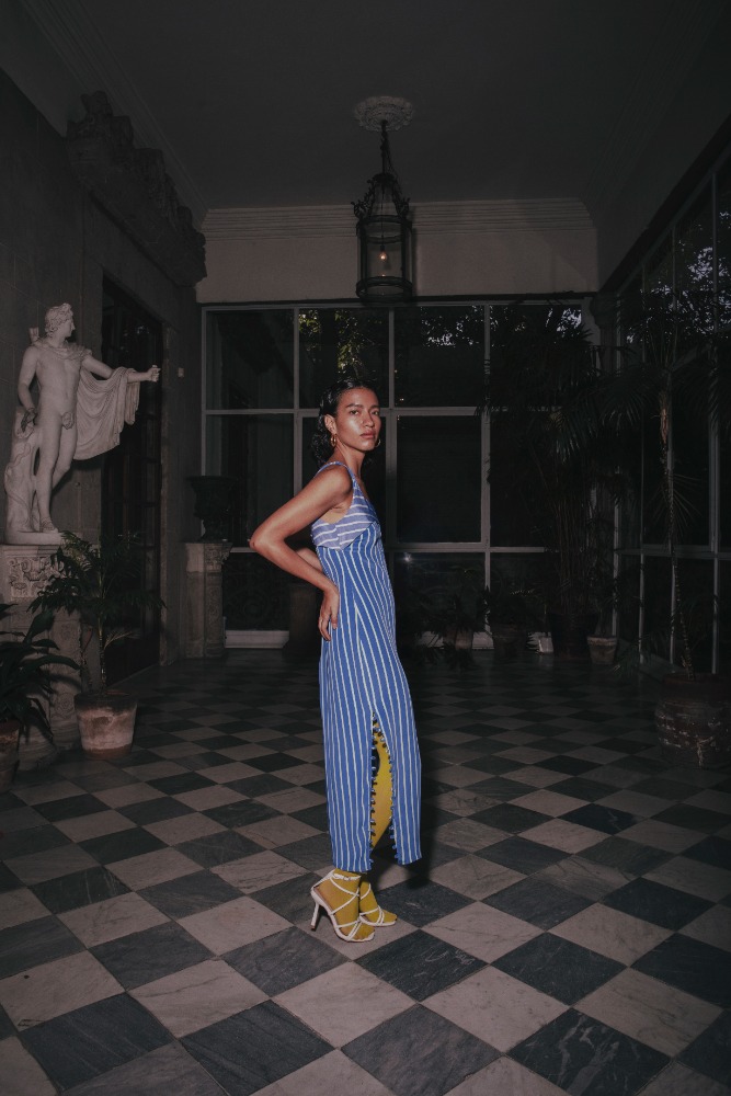 STRIPED PENCIL DRESS AZURE