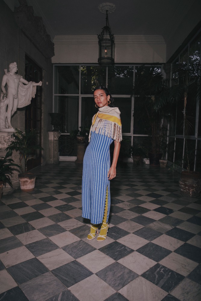 STRIPED PENCIL DRESS AZURE