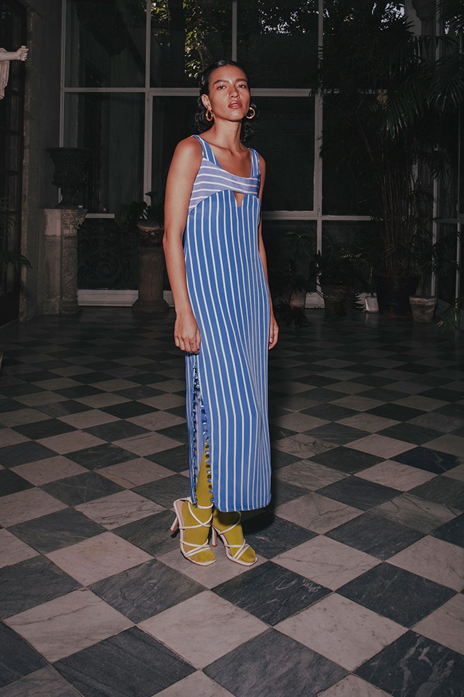 STRIPED PENCIL DRESS AZURE