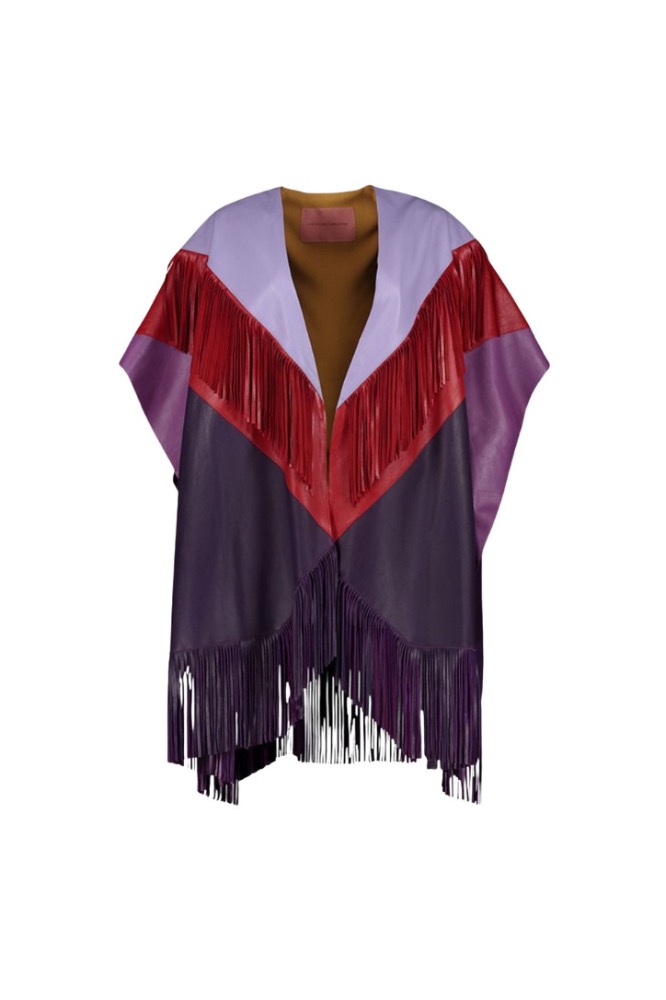 READY TO SHIP

COLOR-BLOCK LEATHER CAPE WITH FRINGES

Our garments are handcrafted with bovine skin. It is possible to find  some little imperfections that show the authenticity of natural leather which makes them unique 

Composition: lambskin leather

Care Instructions: Leather specialized dry cleaning

Fit: Over-sized style

Color: Purple, Red, Lilac

Model is wearing a one size fits all garment

Size Chart

*DUE TO MONITOR DIFFERENCES, COLOR MAY VARY SLIGHTLY FROM WHAT APPEARS ONLINE*

Before placing your order don´t forget to check our shipping and return policies.
Check them out!

 