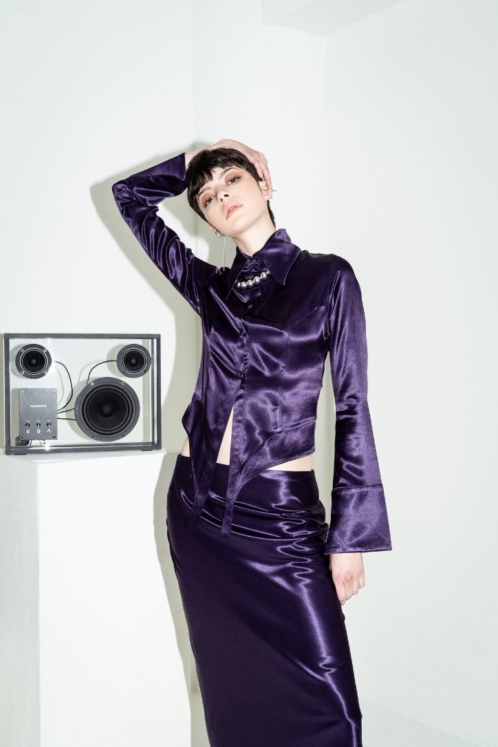 BIAS CUT SATIN PURPLE SKIRT