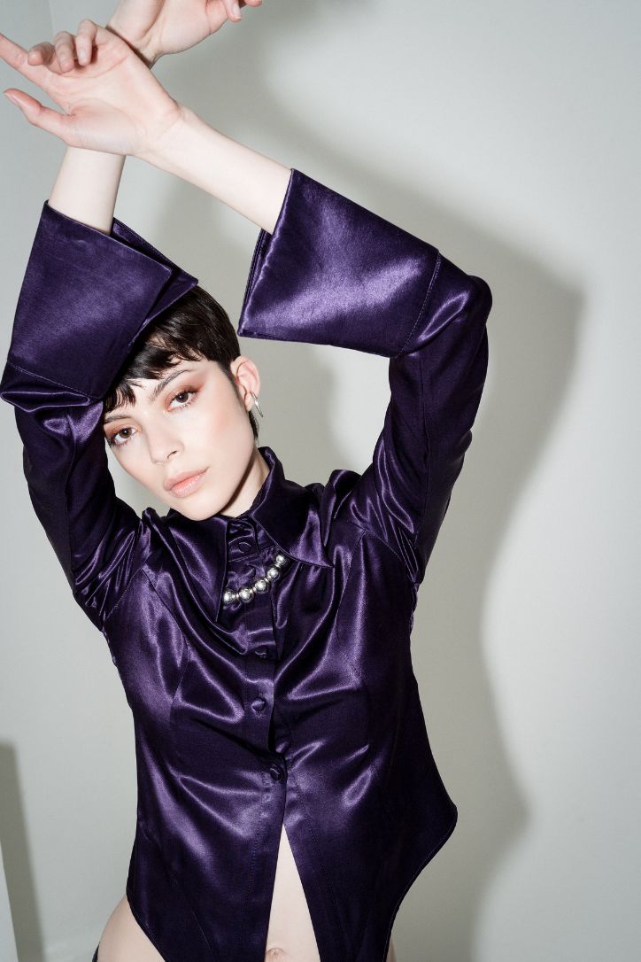 TAILORED SATIN PURPLE BLOUSE