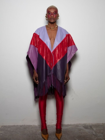 LEATHER COLORBLOCK PURPLE PONCHO