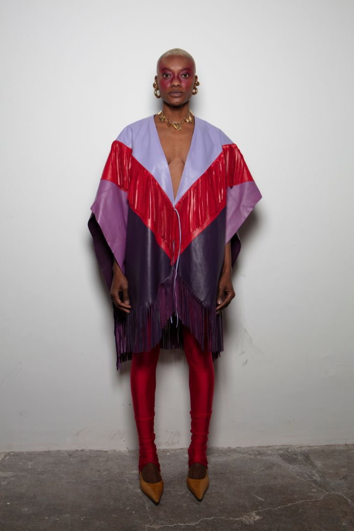 LEATHER COLORBLOCK PURPLE PONCHO