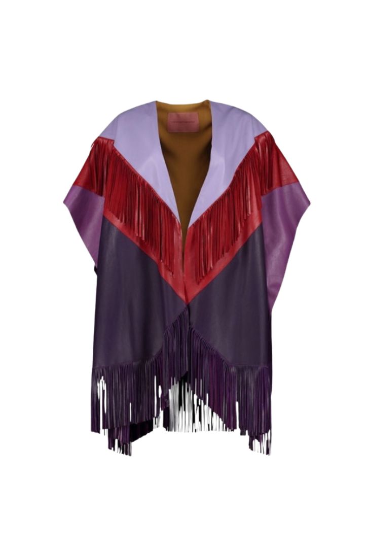 READY TO SHIP
COLOR-BLOCK LEATHER CAPE WITH FRINGES
Our garments are handcrafted with bovine skin. It is possible to find  some little imperfections that show the authenticity of natural leather which makes them unique 
Composition: lambskin leather
Care Instructions: Leather specialized dry cleaning
Fit: Over-sized style
Color: Purple, Red, Lilac
Model is wearing a one size fits all garment
Size Chart
*DUE TO MONITOR DIFFERENCES, COLOR MAY VARY SLIGHTLY FROM WHAT APPEARS ONLINE*
Before placing your order don´t forget to check our shipping and return policies.
Check them out!
 