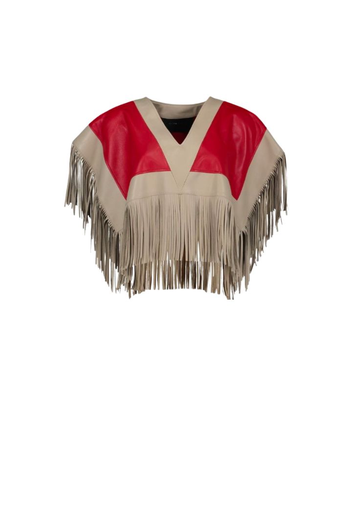 Huipil in color  Red-Ivory is Ready To Ship.
Other colors are Pre Order Only- Expect your piece to be shipped up to 30 working days after placing your order.

 LEATHER HUIPIL WITH FRINGES
Our garments are handcrafted, with bovine skin. It is possible to find some little imperfections that shows the authenticity of the natural leather which makes them unique.
 
Composition: 100% lambskin leather no lining
Care Instructions: Leather specialized cleaning
Fit:  Designed to fit all sizes
Color Variations:  ivory/red – maple/red/salmon- black/maple/yellow- black
Size Chart
*ACTUAL COLOR MAY VARY SLIGHTLY FROM WHAT APPEARS ONLINE*
 
Before placing your order don´t forget to check our shipping and return policies.