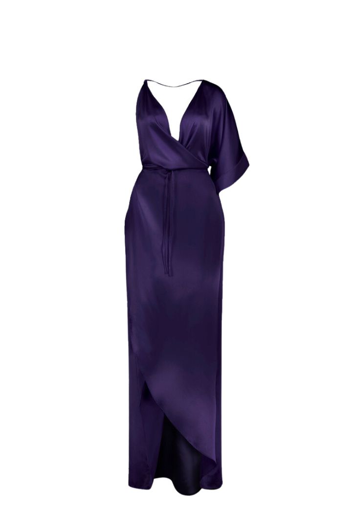 ONE SLEEVE FLOOR-LENGHT RAYON WRAP DRESS
Model is wearing a One size fits all garment
Composition: 80% Rayon -  20% Polyester
Care Instructions: Dry clean only
Fit: Designed to be cinched at waist and draped around the body
Color: Deep Purple
Size Chart
*DUE TO MONITOR DIFFERENCES, COLOR MAY VARY SLIGHTLY FROM WHAT APPEARS ONLINE*

Before placing your order don´t forget to check our shipping and return policies.
Check them out!