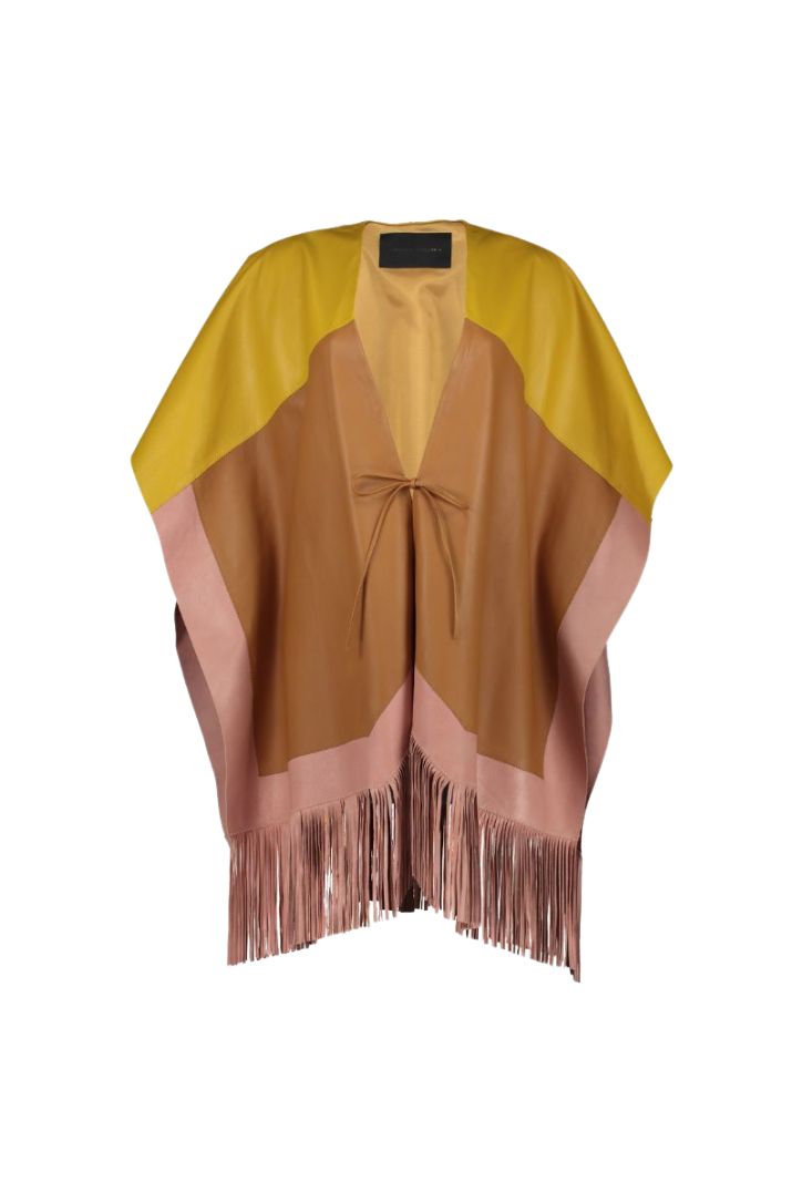 PRE ORDER ONLY-
Expect your piece to be shipped up to 30 working days after placing your order.
 
COLOR-BLOCK LEATHER CAPE WITH FRINGES

Our garments are handcrafted, with bovine skin. It is possible to find some little imperfections that shows the authenticity of the natural leather which makes them unique.
 

Composition: 100% lambskin leather / lining 100% polyester

Care Instructions: Leather specialized cleaning

Fit:  Designed to fit all sizes

Color: maple/pink/yellow

Size Chart

Model is wearing size OS,  she is 1.68 m

*ACTUAL COLOR MAY VARY SLIGHTLY FROM WHAT APPEARS ONLINE*
 

Before placing your order don´t forget to check our shipping and return policies.
