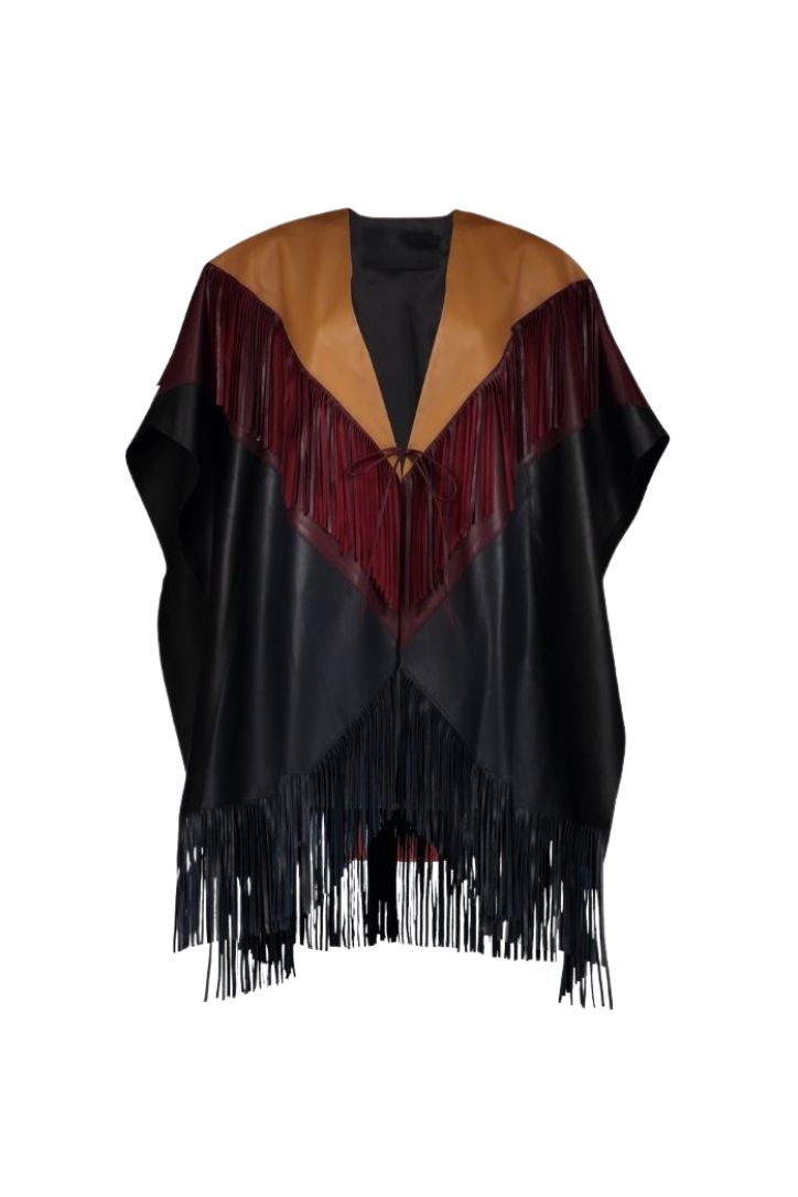 PRE-ORDER ONLY – Expect your piece to be shipped up to 30 working days after placing your order.
 COLOR-BLOCK LEATHER CAPE WITH FRINGES
 
Our garments are handcrafted with bovine skin. It is possible to find some little imperfections that show the authenticity of natural leather which makes them unique.
Composition: 100% lambskin leather / lining 100% polyester
Care Instructions: Leather specialized cleaning
Fit:  Designed to fit all sizes
Color: maple/wine/black/midnight blue
Size Chart
*ACTUAL COLOR MAY VARY SLIGHTLY FROM WHAT APPEARS ONLINE*
Before placing your order don´t forget to check our shipping and return policies.