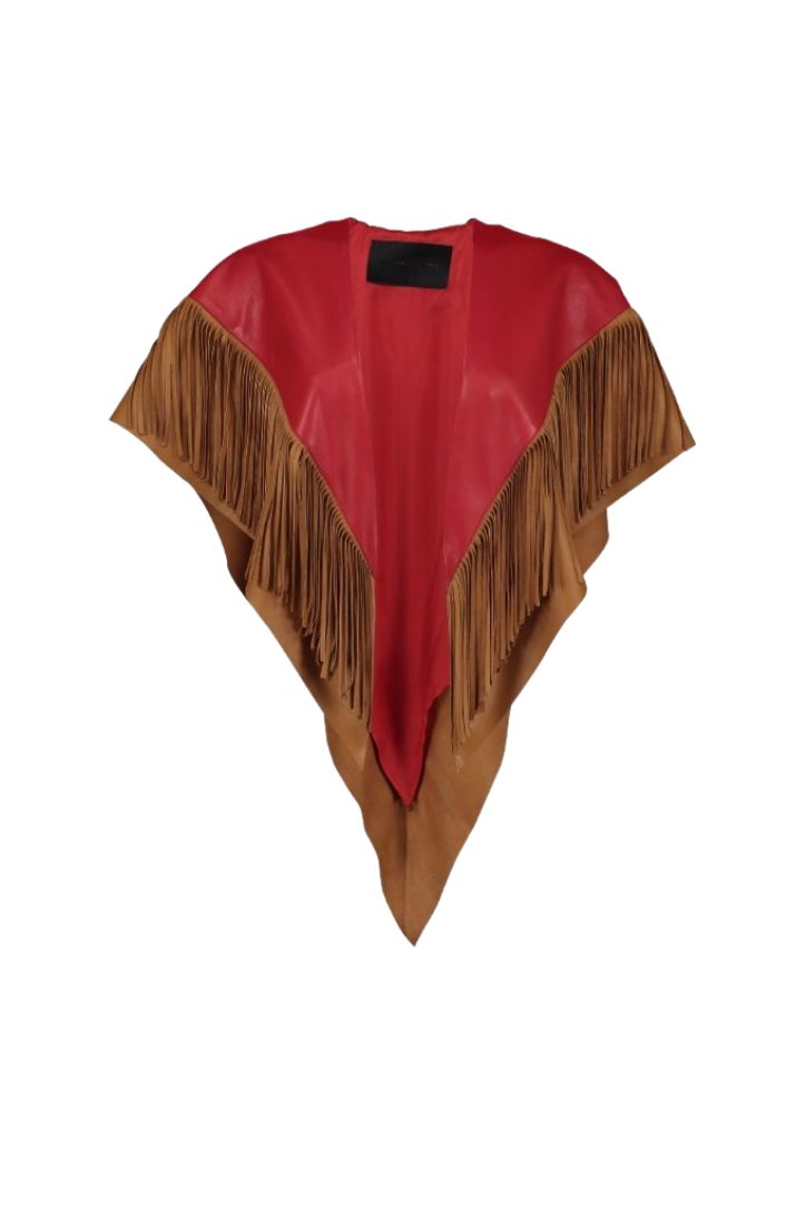 PRE-ORDER ONLY – Expect your piece to be shipped up to 30 working days after placing your order.
 

SHORT COLOR-BLOCK LEATHER CAPE WITH FRINGES
 

Our garments are handcrafted with bovine skin. It is possible to find some little imperfections that show the authenticity of natural leather which makes them unique.
 

Composition: 100% lambskin leather / lining 100% polyester

Care Instructions: Leather specialized cleaning

Fit:  Designed to fit all sizes

Color Variations: red/maple - black/ midnight blue

Size Chart

*ACTUAL COLOR MAY VARY SLIGHTLY FROM WHAT APPEARS ONLINE*
 

Before placing your order don´t forget to check our shipping and return policies.